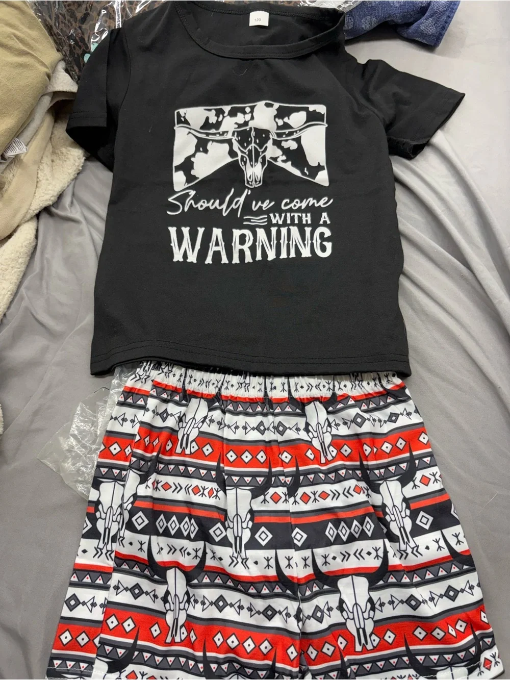 Kids Black Graphic Short Sleeve Set with Red & White Tribal Print Shorts
